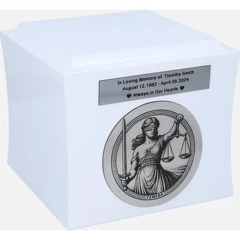 Smuteční dekorace Urna s motivem Themis – Urna pro právníka, soudce, advokáta – Bílá / Štítek