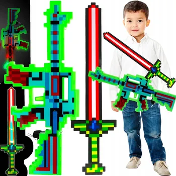 Dětská zbraň SADA Z HRY MINECRAFT 2v1 SVÍTÍCÍ MEČ + PUŠKA PIXEL ZVUKOVÉ EFEKTY