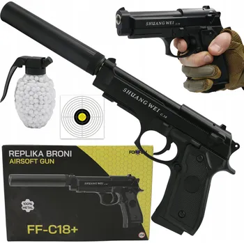 Dětská zbraň KOVOVÁ PISTOLE BERETTA S TLUMIČEM NA KULIČKY REPLIKA TLUMIČ DÁREK KULIČKY