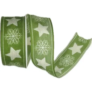 Stuha Vánoční stuha bavlněná STAR světle zelená 25mm x 2m (Vánoční stuha potisk STAR světle zelená, s drátkem)