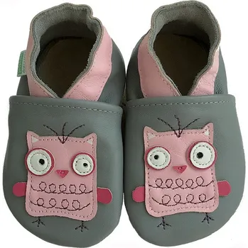 Capáčky Hopi Hop Kožené capáčky Barefoot Vel. S (0-6 měs.) Sovinka na šedé