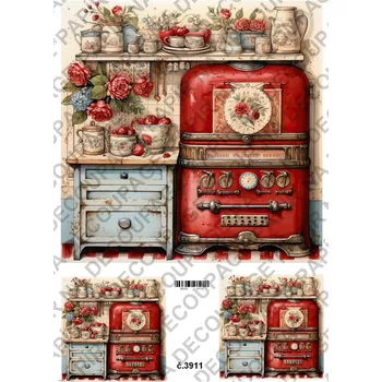 Umělecký papír Rýžový a soft papír na decoupage - Kuchyně červená - KB03911 Materiál: Soft, Rozměr: A4