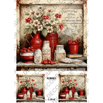 Umělecký papír Rýžový a soft papír na decoupage - Kuchyně červená - KB03914 Materiál: Soft, Rozměr: A4