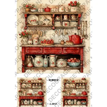 Umělecký papír Rýžový a soft papír na decoupage - Kuchyně červená - KB03917 Materiál: Soft, Rozměr: A4