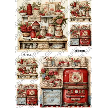 Umělecký papír Rýžový a soft papír na decoupage - Kuchyně červená - KB03912 Materiál: Soft, Rozměr: A4
