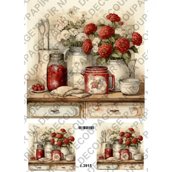 Umělecký papír Rýžový a soft papír na decoupage - Kuchyně červená - KB03915 Materiál: Soft, Rozměr: A4