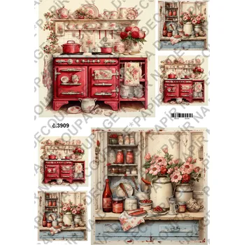 Umělecký papír Rýžový a soft papír na decoupage - Kuchyně červená - KB03909 Materiál: Soft, Rozměr: A4