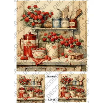 Umělecký papír Rýžový a soft papír na decoupage - Kuchyně červená - KB03918 Materiál: Rýžový papír, Rozměr: A4