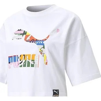 Dámské oblečení Dámské crop tričko Puma International Graphic - International Graphic – moderní crop tričko Puma v bílém provedení s vícebarevným logem, komfortní bavlna a volný střih. - 3411219