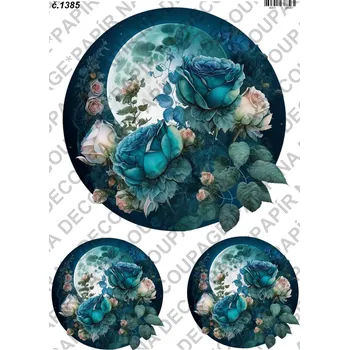 Umělecký papír Rýžový a soft papír na decoupage - Měsíc s květy - KB01385 Materiál: Soft, Rozměr: A4