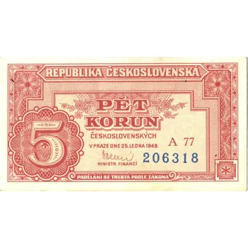 ČESKOSLOVENSKO. 5 korun 1949. Série A 77. Hej. 83a2.