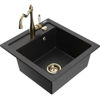 Granitový dřez MEXEN/S - Vito granitový dřez 1-miska včetně baterie Carla, černá/stříbrná metalik 6503-73-670700-50
