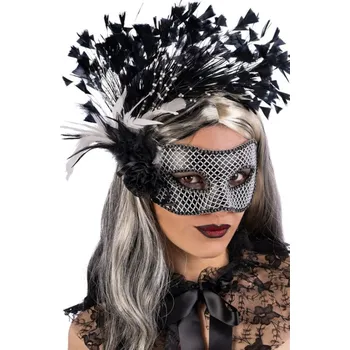 Karnevalový kostým Luxusní černo-stříbrná maska s ozdobami a peříčky