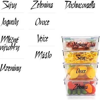 Samolepící etiketa Označto Sada štítků / nálepek do lednice - 9 názvů písmo DESIGN Barva písma: Bílá