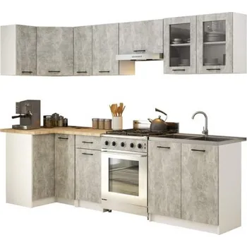 Kuchyňská linka Kuchyňská rohová sestava s vitrínou OLIVIA – 3 m | Beton / Dub Sonoma