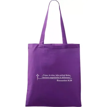 Citáty z bible - Římanům 8:28 - Taška bavlněná - 42 x 38 cm ( Fialová )