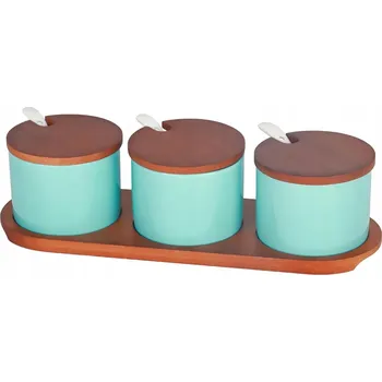 Dóza na potraviny HASAYAKI Keramická dóza s bambusovým víkem a hermetickým uzávěrem SADA 3 kusů