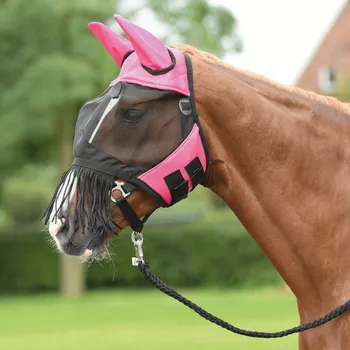 Koňská maska proti hmyzu BUSSE Maska proti hmyzu Fly Cover Fransen BUSSE, s ochranou uší a třásněmi, pink/black EXTRA FULL