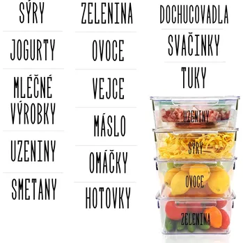 Samolepící etiketa Označto Sada štítků / nálepek do lednice - 14 názvů písmo SLIM Barva písma: Bílá