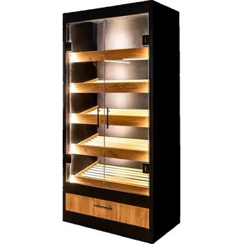 Knihovna Pekařská vitrína s osvětlením a prosklenými dveřmi 205x100x58 cm - černá/dub Kraft