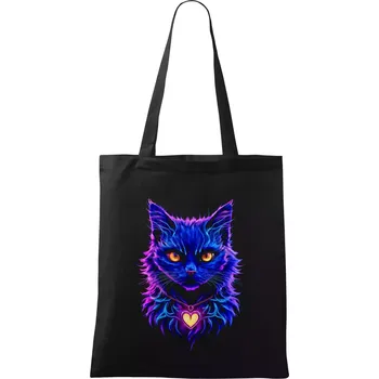Nákupní taška Fialovo modrá kočka se srdcem - Taška bavlněná - 42 x 38 cm ( Černá )