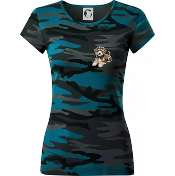 Dámské oblečení Lagotto romagnolo ležicí vyšívaný na prsu - Dámské maskáčové triko - M ( Petrolejová maskáč )