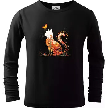 Chlapecké tričko Květinová kočka a motýl - Triko dětské Long Sleeve - 122 cm/6 let ( Černá )