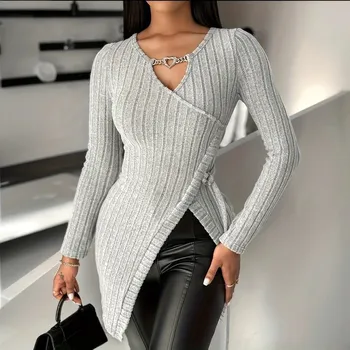 Dámský svetr přiléhavý svetr s výstřihem a dlouhým rukávem Barva: Šedá, Velikost: M