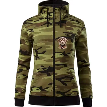 Dámská mikina Lagotto romagnolo ležicí vyšívaný na prsu - Dámská mikina trendy zipper s kapucí - S ( Zelený maskáč )