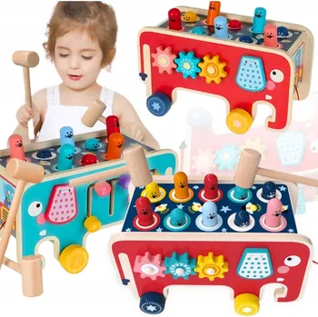 Dřevěná hračka SENZORICKÁ KOSTKA STAVEBNICE PRO DĚTI VKLÁDAČKA KLADÍVKO SLON MONTESSORI