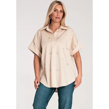 Dámská košile Béžová dámská oversize košile s krátkým rukávem M1226 Beige Velikost: S/M