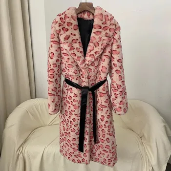 Dámský kabát Kožešinový kabát z králíka rex s páskem Velikost: 3XL, Barva (Varianta): Růžová