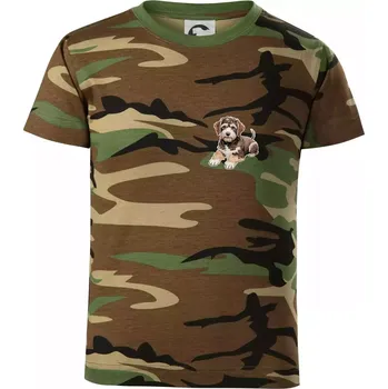 Lagotto romagnolo ležicí vyšívaný na prsu - Dětské maskáčové triko - 104-110cm / 3-4 roky ( Hnědý maskáč )