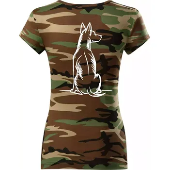 Dámské tričko Pes kreslený zezadu - Dámské maskáčové triko - L ( Hnědý maskáč )