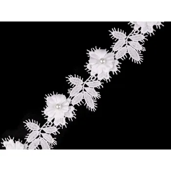 Stuha Vzdušná krajka 3D květ s perlou šíře 42 mm Varianta: Off White, Balení: 1 m