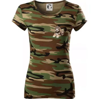 Dámské tričko Lagotto romagnolo ležicí vyšívaný na prsu - Dámské maskáčové triko - XS ( Hnědý maskáč )