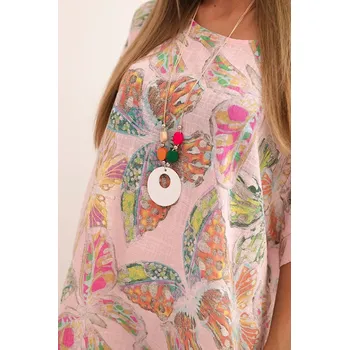 Dámská halenka Kesi Włoski Dámská bavlněná blůza s motivem motýlů s krátkým rukávem cukrová růžová Kesi Włoski krémová | růžová | vícebarevná 3354687