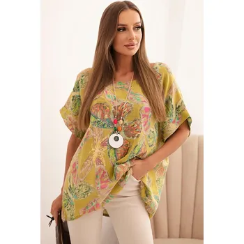Dámská halenka Kesi Dámská oversize halenka ART10739-2 s motivem motýlů Barva: Zelená, Velikost: UNI