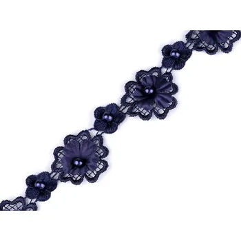 Stuha Krajka 3D květ s perlou šíře 30 mm Varianta: 3 modrá tmavá, Balení: 1 m