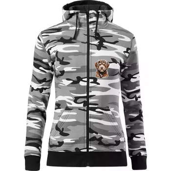 Dámská mikina Lagotto romagnolo vyšívaná hlava na prsu - Dámská mikina trendy zipper s kapucí - XS ( Šedý maskáč )