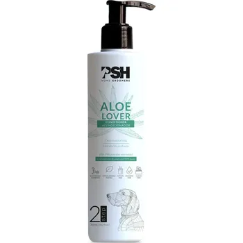 Kosmetika pro psa PSH Home Groomers - Kondicionér Aloe Lover 300ml (Kondicionér pro pejsky pro hloubkovou hydrataci s 99% čistým extraktem z Aloe Vera z řady PSH Home Groomers. Působí jak na vlasová vlákna, tak na epidermis, proto pomáhá zvětšovat tloušťku chlupu a)