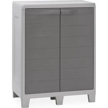 Zahradní skříň Plastová skříňka nízká imitace dřeva šedá venkovní + vnitřní, na nožičkách, 78x101x46 cm