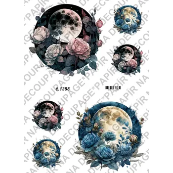 Umělecký papír Rýžový a soft papír na decoupage - Měsíc s květy - KB01388 Materiál: Rýžový papír, Rozměr: A4