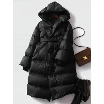 Dámský kabát zimní prošívaný kabát s kapucí a páskem Barva: Černá, Velikost: M