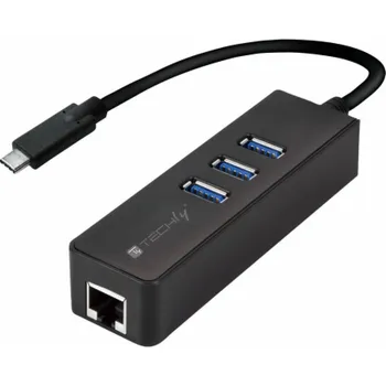Síťová karta TECHLY 105810 Techly USB-C 3.1 to Gigabit Ethernet RJ45 network adapter w/ 3 port USB 3.0 hub