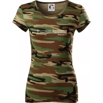 Citáty z bible - Matouš 7:7 - Dámské maskáčové triko - XL ( Hnědý maskáč )