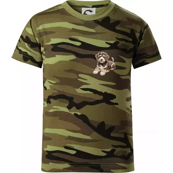 Lagotto romagnolo ležicí vyšívaný na prsu - Dětské maskáčové triko - 122 cm/6 let ( Zelený maskáč )