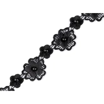 Stuha Krajka 3D květ s perlou šíře 30 mm Varianta: 4 černá, Balení: 1 m
