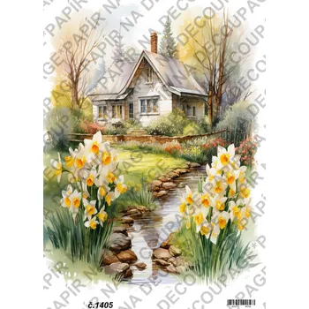 Umělecký papír Rýžový a soft papír na decoupage - Dům v zahradě - KB01405 Materiál: Soft, Rozměr: A4