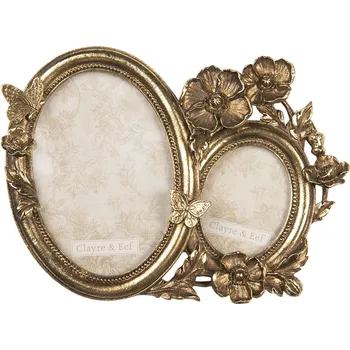 Rám na obraz Zlatý oválný fotorámeček s motýlky a květy - 23*1*17 cm